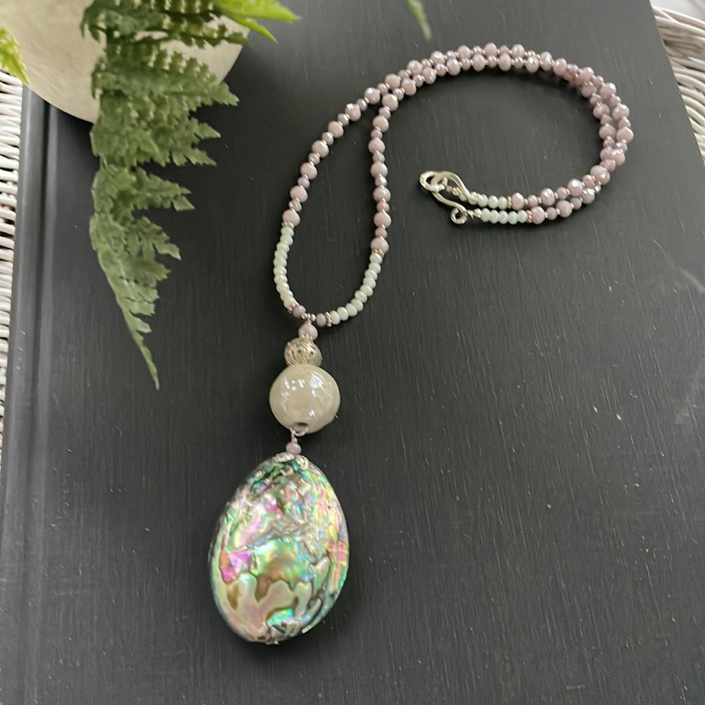 Handmade paua shell long necklace.